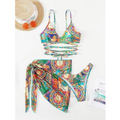 Set bikini vải thổ dân quần nhúng cạp cao che bụng