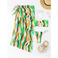 Bộ 3 mảnh áo tắm xẻ tà váy bikini đi biển in hình nữ