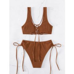 Sét bikini 2 mảnh quây cúp ngực khoen tròn màu trơn khoét eo đi biển sexy