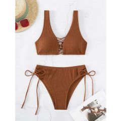 Sét bikini 2 mảnh quây cúp ngực khoen tròn màu trơn khoét eo đi biển sexy