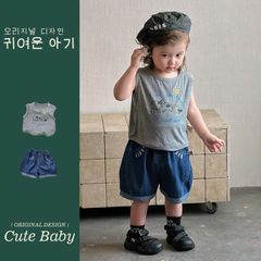  Hàng QC- Set áo ba lỗ len tăm cừu con kèm quần short jean bò mềm mùa hè cho bé trai