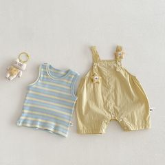 Hàng QC - Set quần yếm ngôi sao thô mềm kèm áo len tăm kẻ phong cách hàn quốc mùa hè cho bé gái