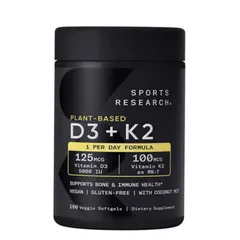 Viên uống bổ sung Sports Research Plant-Based D3 + K2 |160 viên| Cải thiện mật độ xương - Giảm thiểu tỷ lệ gãy xương [S/P Chuẩn Mỹ]