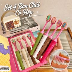 set 4 bàn chải đánh răng kèm hộp gấu dâu lông mềm siêu mịn tay cầm chống trượt