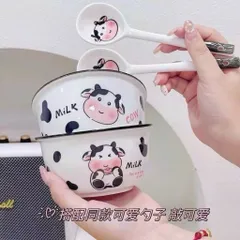 Set 2 bát sứ hình bò sữa Cute milk kèm 2 thìa siêu đáng yêu phong cách Hàn Quốc