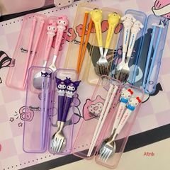 bộ thìa dĩa đũa 3 món kèm hộp hoạt hình sanrio hello kitty kuromi cinnamoroll cho bé