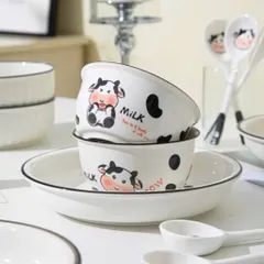 Set 2 bát sứ hình bò sữa Cute milk kèm 2 thìa siêu đáng yêu phong cách Hàn Quốc