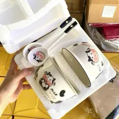 Set 2 bát sứ hình bò sữa Cute milk kèm 2 thìa siêu đáng yêu phong cách Hàn Quốc