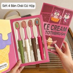 set 4 bàn chải đánh răng kèm hộp gấu dâu lông mềm siêu mịn tay cầm chống trượt