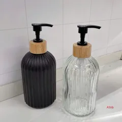 lọ chiết dầu gội sữa tắm thủy tinh sọc nổi nắp vân gỗ vòi nhấn cao cấp decor phòng tắm