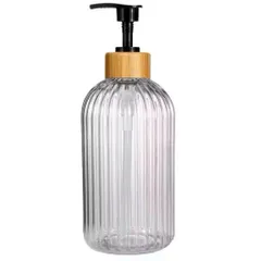 lọ chiết dầu gội sữa tắm thủy tinh sọc nổi nắp vân gỗ vòi nhấn cao cấp decor phòng tắm