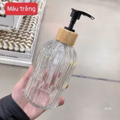 lọ chiết dầu gội sữa tắm thủy tinh sọc nổi nắp vân gỗ vòi nhấn cao cấp decor phòng tắm