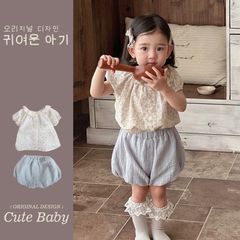 Hàng QC - Áo sơ mi babydoll hoa nhí tay bồng phối ren xinh xắn dễ thương vintage hàn quốc kèm quần short đũi mùa hè bé