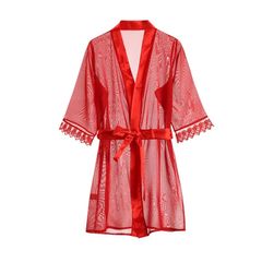 Áo Choàng Ngủ Xuyên Thấu Phối Ren Mềm Mại Gợi Cảm Áo Khoác Ngoài Nữ Mặc Nhà Có Thắt Lưng Quyến Rũ – N256 Đỏ