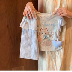 Hàng QC - Set áo thun mèo con cotton cute đáng yêu kèm quần váy kẻ dáng suông mùa hè cho bé gái