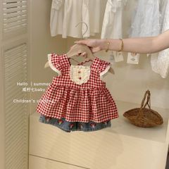 Hàng QC - Set bộ bé gái, áo cánh tiên kẻ phối ren kèm quần jean nấm cute dễ thương mùa hè hot hit