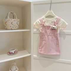 Hàng QC - Váy yếm nơ ren kèm áo thun cotton mềm bèo xinh xắn điệu đà mùa hè hàn quốc bé gái