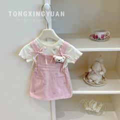 Hàng QC - Váy yếm nơ ren kèm áo thun cotton mềm bèo xinh xắn điệu đà mùa hè hàn quốc bé gái