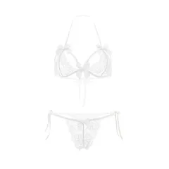 Bộ Đồ Lót Nữ Đính Nơ Buộc Dây Gợi Cảm Cao Cấp Set Nội Y Ren Xuyên Thấu Đen Đỏ Trắng Sang Trọng Quyến Rũ - T350 Trắng