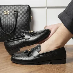 Giày Tassel Loafer Vân Cá Sấu Sang Trọng Giày Âu Nam Không Dây Lịch Lãm Giày Tây Nam Công Sở Đế Khâu RUNO G12
