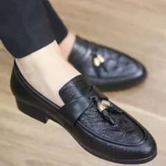 Giày Âu Nam Không Dây Vân Cá Sấu Nổi Bật Chuông Vàng Giày Tây Nam Công Sở Trẻ Trung Đế Khâu Chắc Chắn RUNO G12
