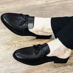 Giày sục nam cao cấp đế cao su RUNO G43 - Giày lười công sở màu đen thiết kế trơn trang trí nơ chuông, thoải mái đi lại cả ngày