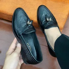 Giày Loafer Nam Vân Cá Sấu Chuông Vàng Giày Âu Nam Không Dây Lịch Lãm Giày Tây Nam Công Sở Đế Khâu Đẹp RUNO G12