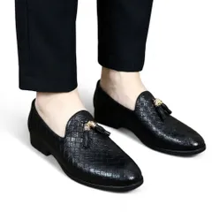 Giày Tây Lười Nam Cao Cấp RUNO G1 - Giày Da PU Đen Dập Vân Caro, Đế Cao Su Mềm Chống Trơn Trượt, Thời Trang Công Sở