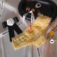 Quần Lót Lưng Thun Nhún Bèo Cạp Cao Đáng Yêu Xinh Xắn Quần Chip Nữ Ren Mềm Mại Phối Hoa Nơ Sexy – T303 Vàng Tim