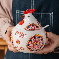Sét 3 hũ đựng gia vị con gà kèm khay,thìa Tregoer.