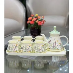 Bộ ấm chén sứ họa tiết thỏ hoa Vintage