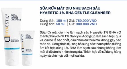 Sữa rửa mặt dịu nhẹ làm sạch sâu Hyaestic 1% BHA Facial Gentle Cleanser [hàng nhập khẩu]