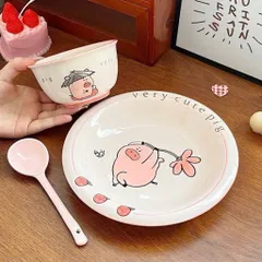 set đĩa kèm bát, thìa sứ và đũa họa tiết lợn hồng – siêu cute, nhìn là mê 💖