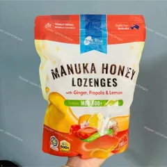 Kẹo Ngậm Mật Ong Manuka Chanh, Gừng, Keo Ong True Blue Manuka Honey Lozenges With Ginger, Propolis & Lemon MGO 600+