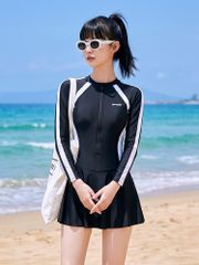 Váy bơi nữ tay dài Bikini liền thân cao cấp chống nắng Đầm bơi màu đen kín đáo