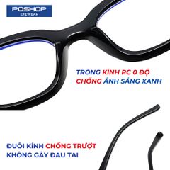 Mắt Kính Nam Cao Cấp POSHOP Mắt Vuông Gọng Dẻo Cắt Tròng Cận Chống Ánh Sáng Xanh SS Chữ V Thời Trang