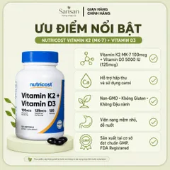 Nutricost Vitamin K2 MK-7 100mcg + Vitamin D3 5000 IU 120 Viên Nang Mềm | Hỗ Trợ Hấp Thu Canxi, Không Gluten, Non-GMO
