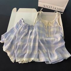Bộ Đồ Ngủ Cotton Xanh Kẻ Sọc Phong Cách Mới Mùa Hè, Có Miếng Lót Ngực