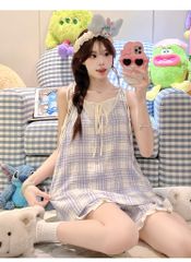 Bộ Đồ Ngủ Cotton Xanh Kẻ Sọc Phong Cách Mới Mùa Hè, Có Miếng Lót Ngực