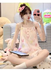 Bộ đồ nữ mặc nhà, mặc ngủ sẵn miếng lót ngực họa tiết tim xinh xắn, gợi cảm, mát rượi cho mùa hè