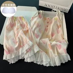 Bộ đồ nữ mặc nhà, mặc ngủ sẵn miếng lót ngực họa tiết tim xinh xắn, gợi cảm, mát rượi cho mùa hè