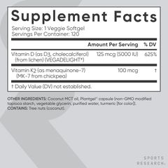 Sports Research Vitamin D3 + K2 - Hỗ trợ tim mạch giúp xương chắc khỏe, sản xuất Mỹ