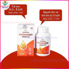 Healthza Vitamin D3 1000IU Tăng Cường Hấp Thu Calci, Giảm Nguy Cơ Còi Xương,Loãng Xương-Hộp 60 Viên