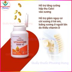 Healthza Vitamin D3 1000IU Tăng Cường Hấp Thu Calci, Giảm Nguy Cơ Còi Xương,Loãng Xương-Hộp 60 Viên