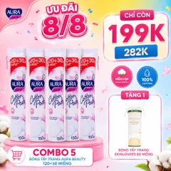 Set 5 gói Bông tẩy trang Aura 150 miếng chính hãng cotton mềm mịn nhập khẩu dành cho mọi loại da
