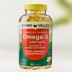 Viên uống Spring Valley Maximum Care Omega-3 1000 mg |180 viên| Hỗ trợ tim mạch/Cải thiện trí nhớ & Bảo vệ thị lực [S/P nội địa Mỹ]