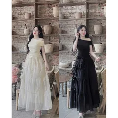 Set thiết kế áo bẹt vai nhún eo tăm tàu kèm chân váy voan maxi tầng đính dây
