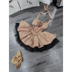 Đầm Cúp Yếm Hoa Ngực Tùng Xoè Phối Lưới Hot