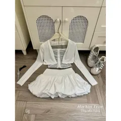 Set 3 món khoác kèm chân váy bí và áo quây sọc