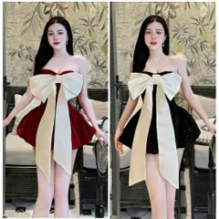 Đầm nhung kim tuyến cúp bí bồng bềnh nơ to rời kim gài
